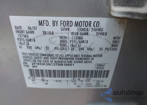 2007 Ford Edge Sel Plus z USA, uszkodzony, nr VIN 2FMDK39C37BB18851